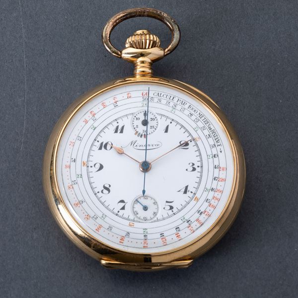 MINERVA - Cronografo da tasca in oro giallo 18k, con scappamento ad ancora, quadrante in smalto bianco e numeri Breguet