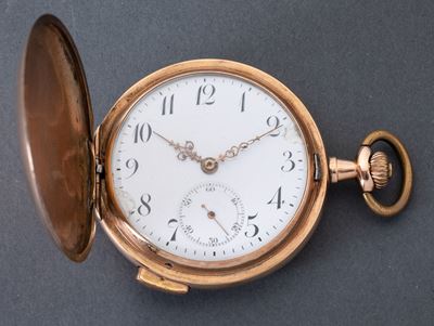 Orologio da Tasca con Suoneria Ore/quarti Attivata da Pulsante, 1890 Circa. Cassa in Oro 12 Kt a ...