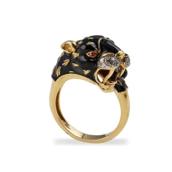Enamel, diamond, ruby and gold ring. Signed Frascarolo