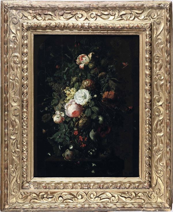 Scuola olandese del XIX secolo Natura morta con fiori e nido
