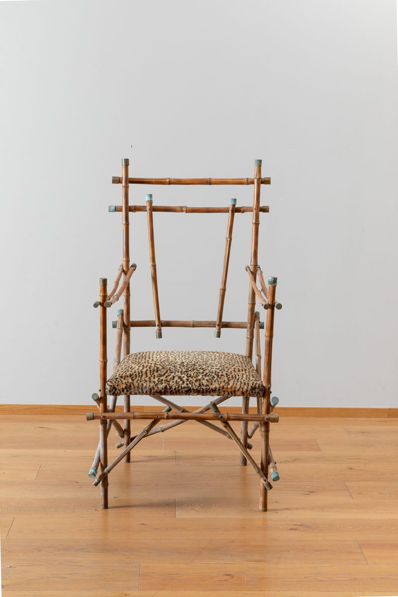 Giovanni Patrini - Poltrona in Bambù con Puntali in Ottone e Seduta in Tessuto Animalier. 1970 Ca