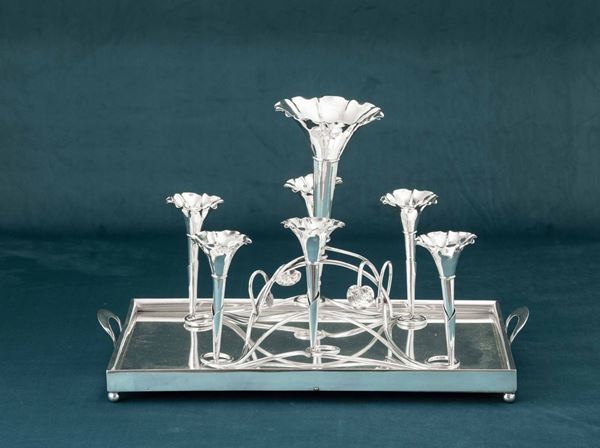 A silvered metal centrepiece and tray, 20th century