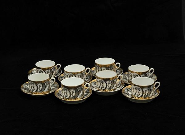 Piero Fornasetti - Seven coffee cups with eight plates and eight tea cups with eight plates, porcelain, Milan, 1950 ca.