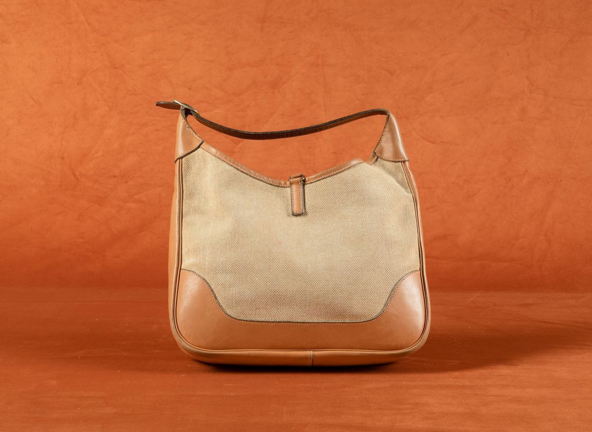 Borsa "trim" in Tela Ecrù e Pelle, Hermès, Anni '60