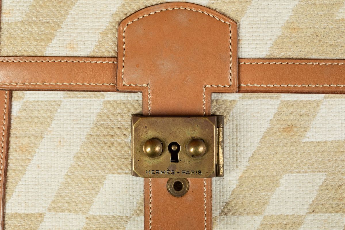 Borsa "kelly" e Tracolla Hermès in Pelle e Tela con Motivo Ad H. Anni '50