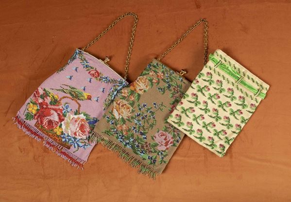 Tre borse ricamate a motivi floreali, Comolli, anni '50