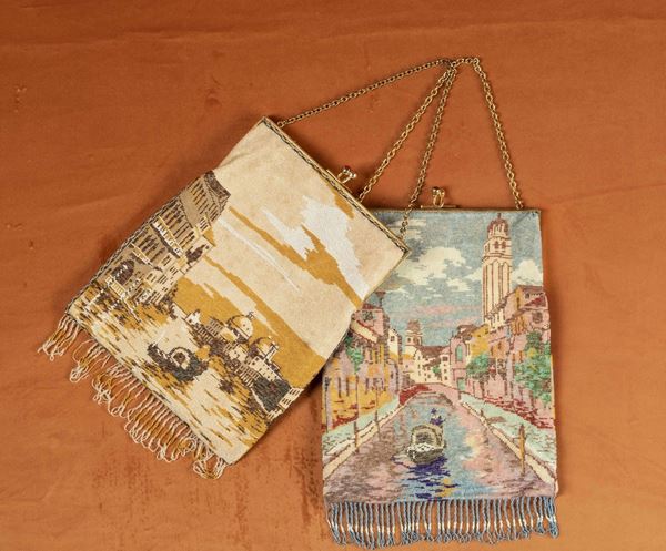 Due borse ricamate con vedute di Venezia, Comolli, anni '50