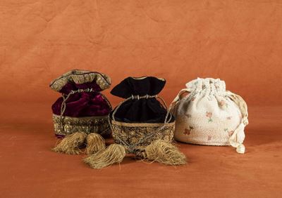 Due Borsette a Sacchetto in Velluto con Passamanerie Dorate e Nappe e una Borsetta Sacchetto in T...