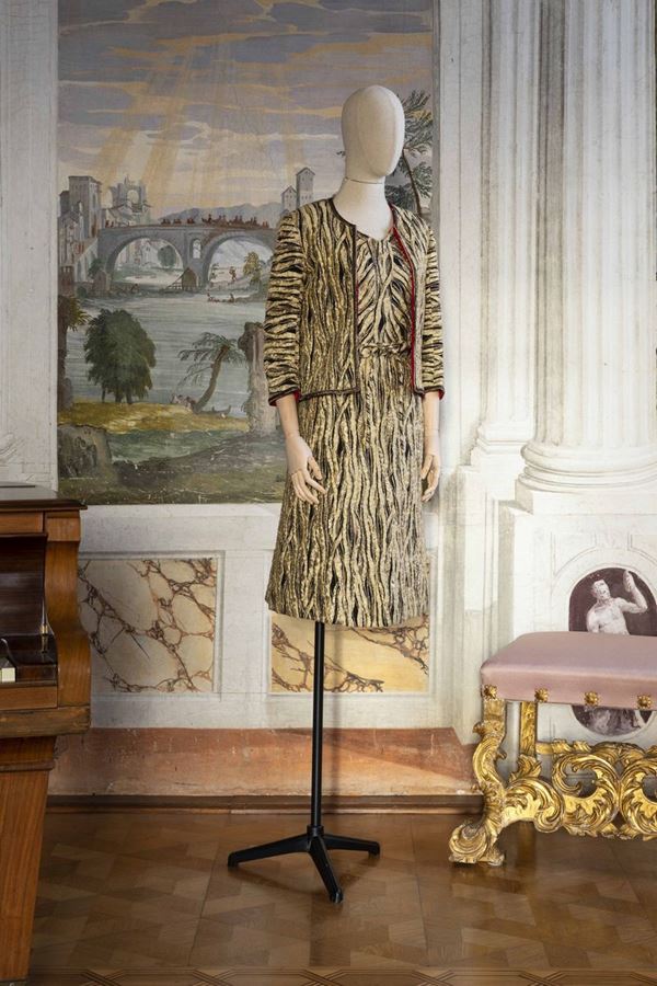 A figured fabric outfit, Couture Chanel, 1970s