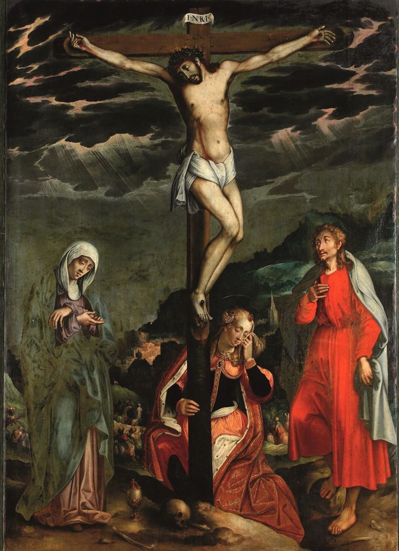 Simone De Magistris : La Vergine, Maria Maddalena e San Giovanni ai piedi della croce  - olio su tela - Asta Old Masters - III - Cambi Casa d'Aste
