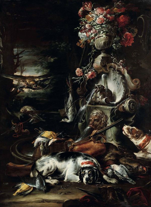 Gaetano Cusati (attivo a Napoli tra il 1686 e il 1720 ca.) - Natura morta con cacciagione su sfondo di giardino