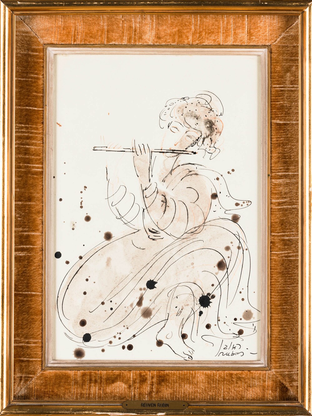 Reuven Rubin - La flautista, inchiostro e tecnica mista su carta