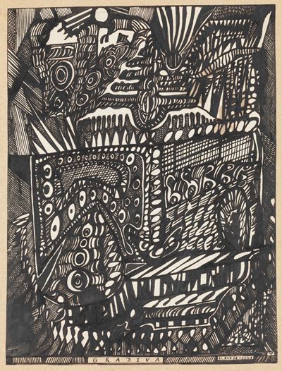 Gradiva. Inchiostro su carta incollato su cartone, circa 1950