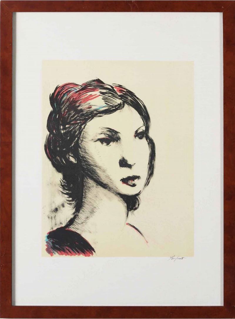 Litografia firmata raffigurante volto di donna  - Asta Antiquariato Luglio | Cambi Time - Cambi Casa d'Aste