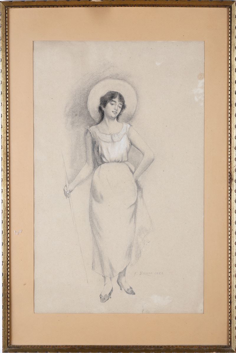 Faustino Zonaro : figura femminile, 1882  - disegno su carta - Auction Painting of the XIX-XX century - Cambi Casa d'Aste
