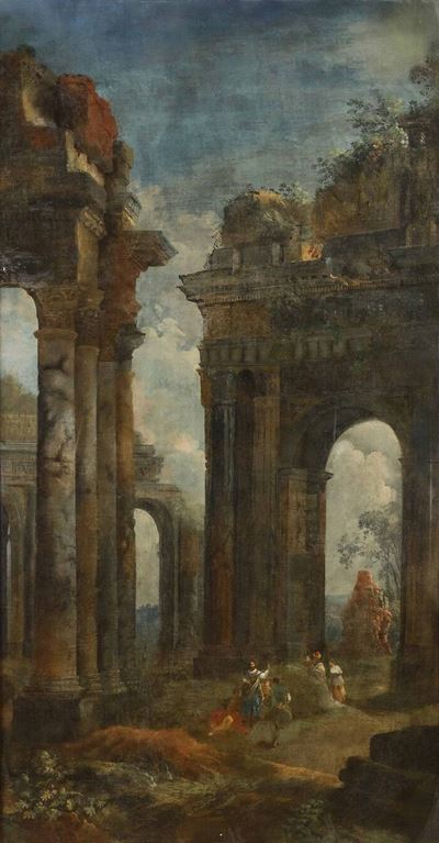 Scuola Romana del XVIII Secolo Capricci con Rovine Classiche e Figure