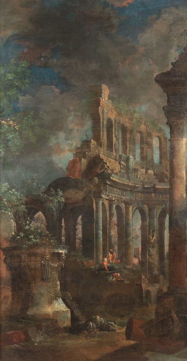 Scuola Romana del XVIII Secolo Capricci con Rovine Classiche e Figure