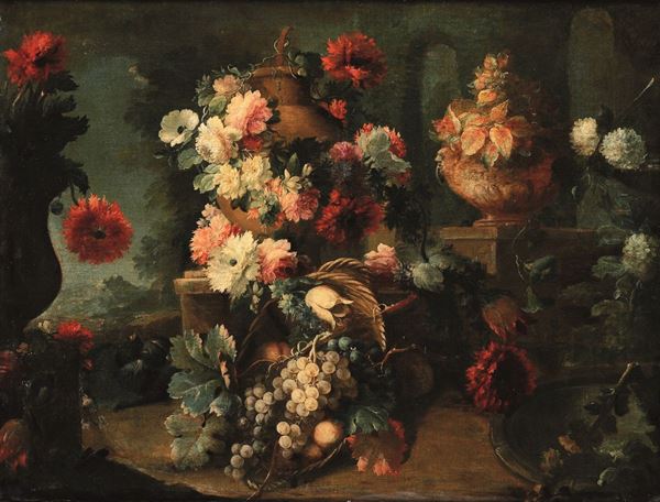 Nature morte con frutti e vasi ricolmi di fiori