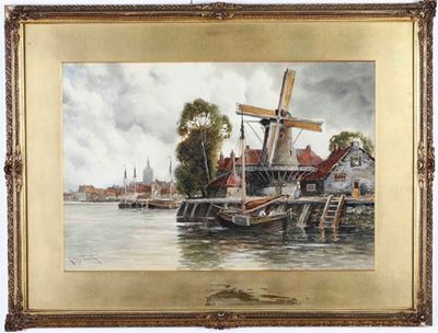 Louis Van Staaten (1836-1909) Villaggio sul Canale Near a Rotterdam e Scorcio con Mulino