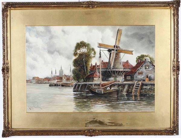 Louis van Staaten (1836-1909) Villaggio sul canale Near a Rotterdam e Scorcio con mulino
