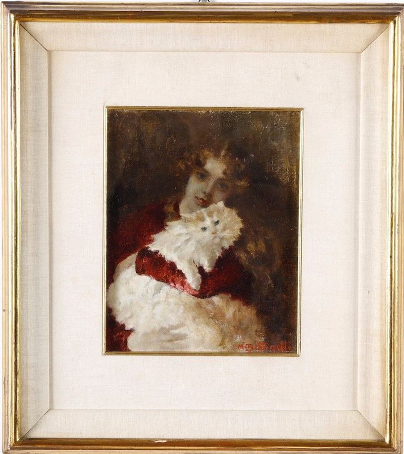 Mario Bettinelli : Donna con gatto  - olio su tela - Asta Dipinti Antichi | Cambi Time - Cambi Casa d'Aste