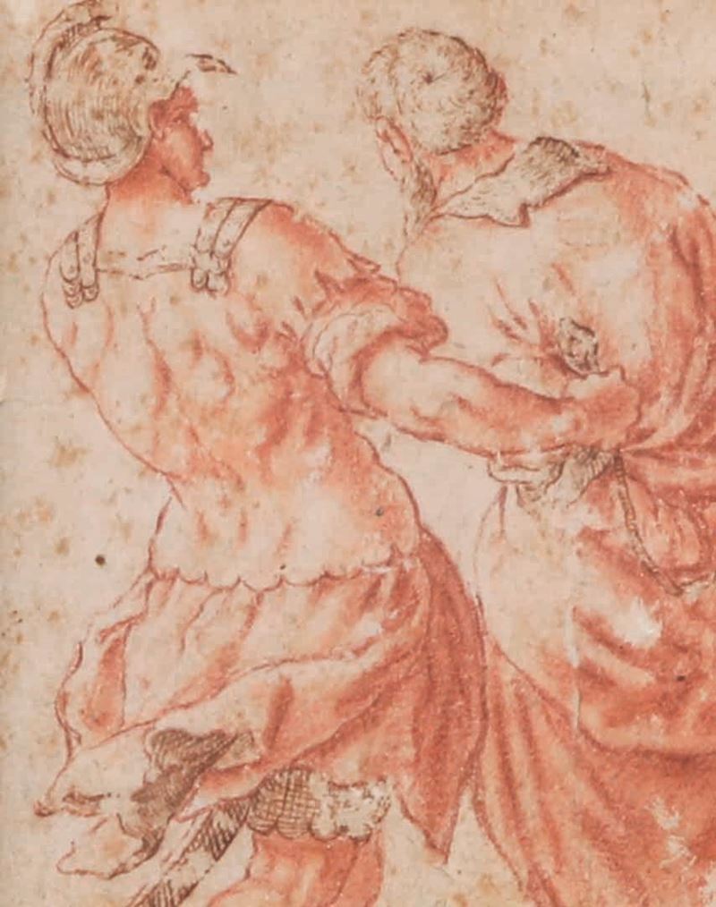 Scuola italiana della metà del XVI secolo Scena di cattura  - penna, inchiostro bruno e matita rossa su carta - Asta Disegni Antichi - II - Cambi Casa d'Aste