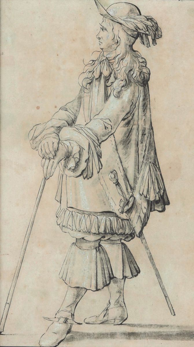 Scuola del XVIII secolo Gentiluomo di profilo  - penna, acquerello grigio e biacca su carta - Asta Disegni Antichi - II - Cambi Casa d'Aste