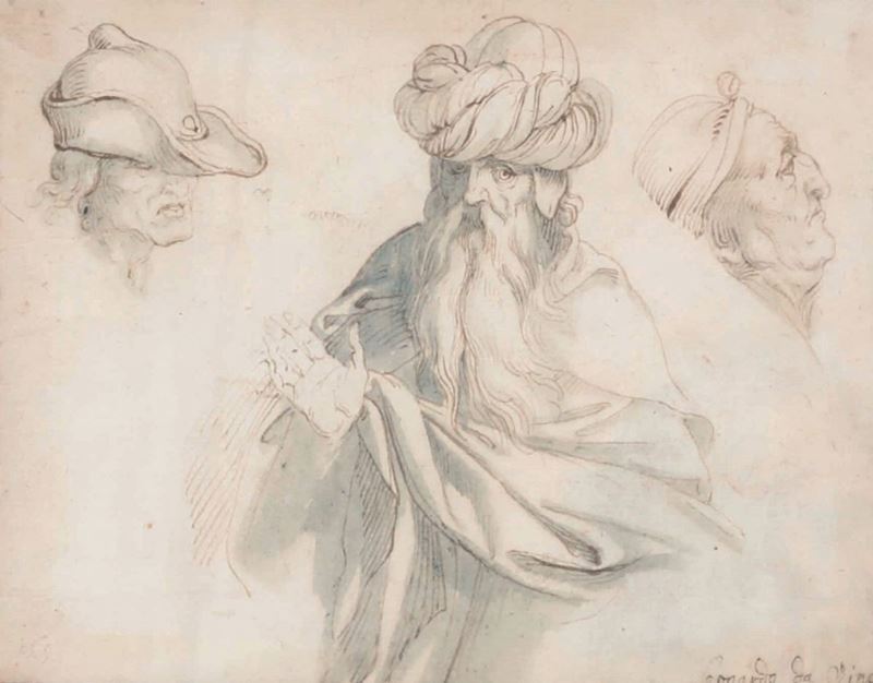 Scuola fiamminga del XVII secolo Studio di teste di carattere  - penna, inchiostro bruno e acquerello grigio su carta - Auction Drawings - II - Cambi Casa d'Aste