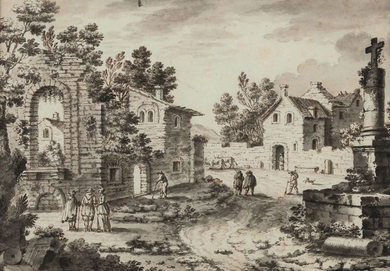 Gerrit van Bronckhorst : Veduta di villaggio con figure di paesani  - penna e acquerello grigio su carta - Auction Drawings - II - Cambi Casa d'Aste