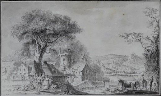Ferdinand Landerer : Paesaggio con scena galante e pastori  - penna e acquerello grigio su carta - Asta Disegni Antichi - II - Cambi Casa d'Aste