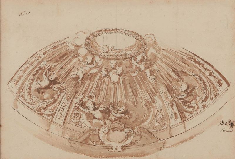 Andrea Pozzi : Studio per decorazione di cupola  - penna, inchiostro bruno e acquerello su carta - Asta Disegni Antichi - II - Cambi Casa d'Aste