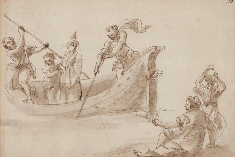 Scuola veneta del XVIII secolo Imbarcazione con figure di pescatori  - penna, inchiostro bruno e acquerello su carta - Asta Disegni Antichi - II - Cambi Casa d'Aste