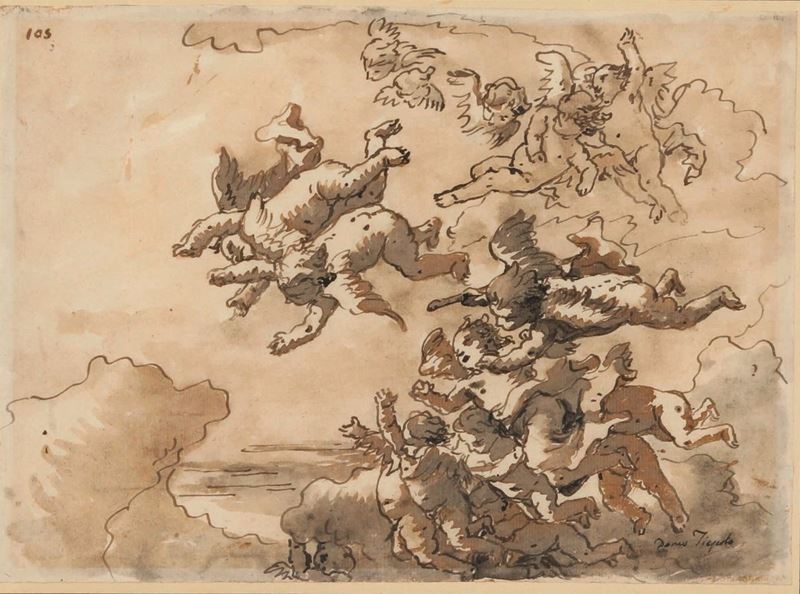 Giandomenico Tiepolo : Volo di putti  - penna, inchiostro bruno e acquerello su carta - Asta Disegni Antichi - II - Cambi Casa d'Aste