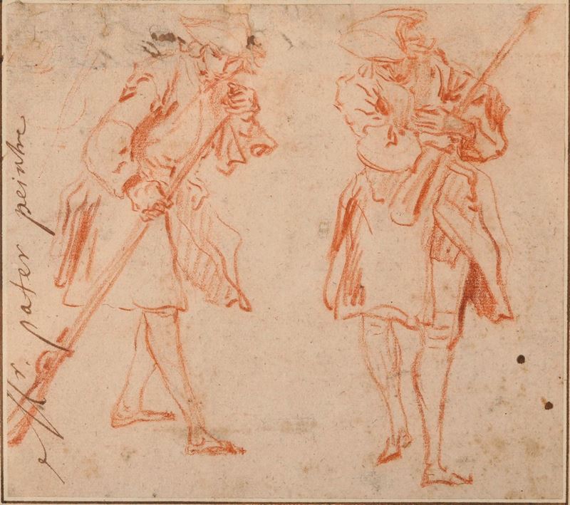 Jean-Baptiste Fran&#231;ois Pater : Studi di due uomini con fucile  - matita rossa su carta - Asta Disegni Antichi - II - Cambi Casa d'Aste