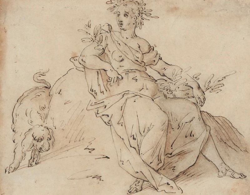 Hendrick de Clerck : Figura allegorica  - penna, inchiostro bruno e acquerello su carta - Asta Disegni Antichi - II - Cambi Casa d'Aste