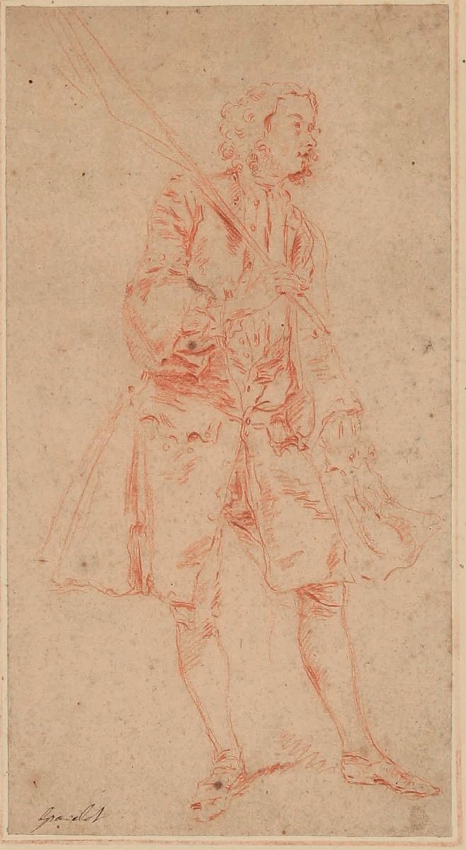 Hubert-Fran&#231;ois Bourguignon d'Anville detto Gravelot : Ritratto di uomo con stendardo  - matita rossa su carta - Asta Disegni Antichi - II - Cambi Casa d'Aste