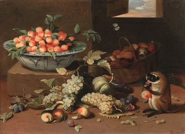 Jan Van Kessel - Natura morta con frutti e scimmietta