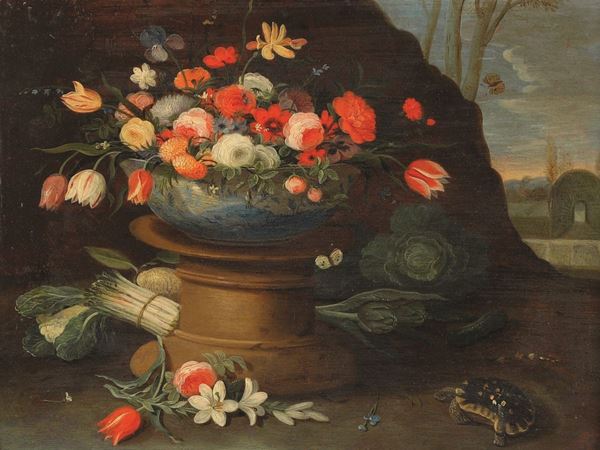 Natura morta con vaso di fiori, verdure e tartaruga