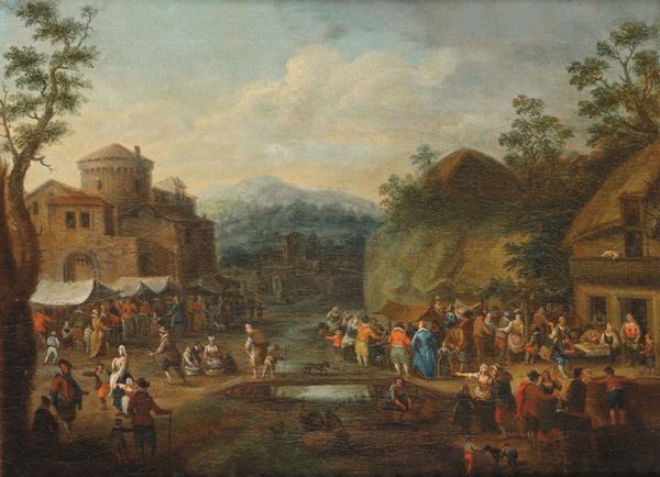 Scuola fiamminga del XVIII secolo Scene di genere con fiera di paese