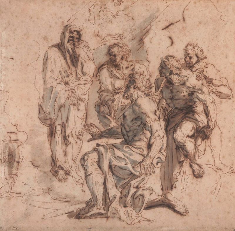 Scuola napoletana della prima metà del XVII secolo Tiresia appare a Ulisse  - penna, inchiostro bruno e acquerello grigio su carta - Auction Drawings - II - Cambi Casa d'Aste