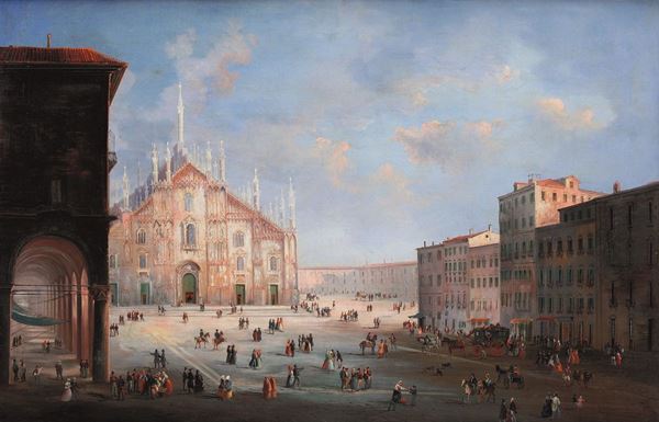 Scuola lombarda dell'inizio del XIX secolo Veduta di piazza del Duomo a Milano
