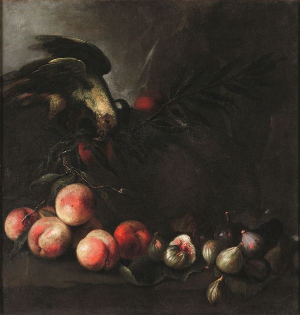 Scuola del XVII secolo Nature morte con pappagalli e frutta