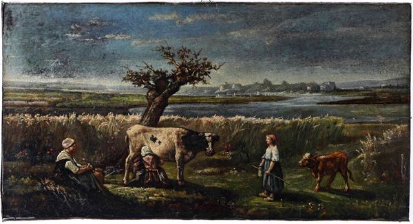 Anonimo del XIX-XX secolo Scena di campagna con mungitura della mucca