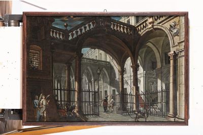 Scuola Italiana del XVIII Secolo Scorcio Architettonico con la Liberazione di San Pietro