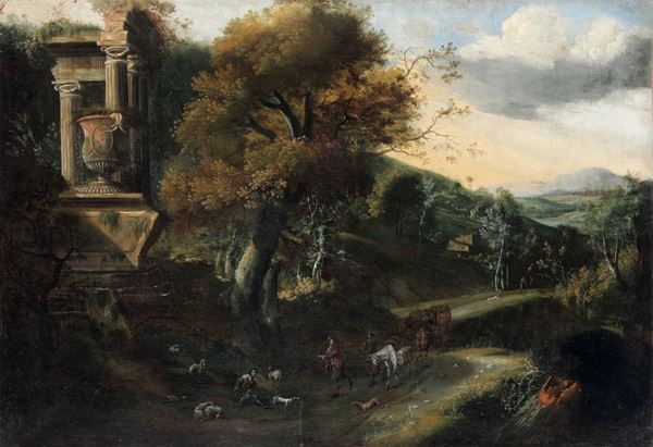 Scuola del XVIII secolo Paesaggio con tempietto