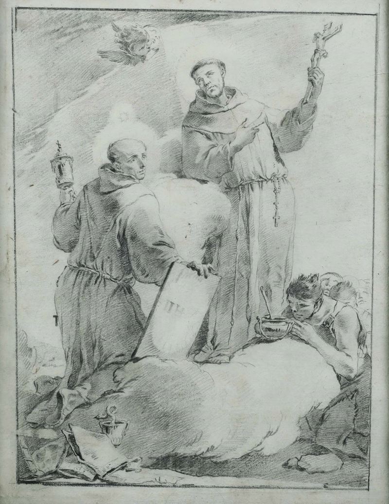 Giandomenico Tiepolo : Santi francescani  - matita nera su carta - Asta Disegni Antichi - II - Cambi Casa d'Aste