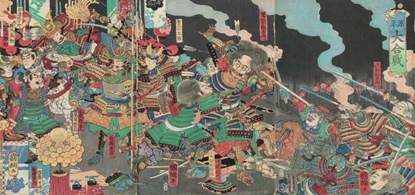 Trittico composto da tre xilografie su carta raffigurante guerrieri, Giappone, periodo Meiji (1868-1912)