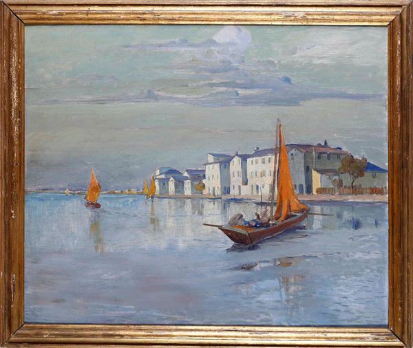 Pietro Fragiacomo - Pittore del XIX-XX secolo Veduta di laguna veneta