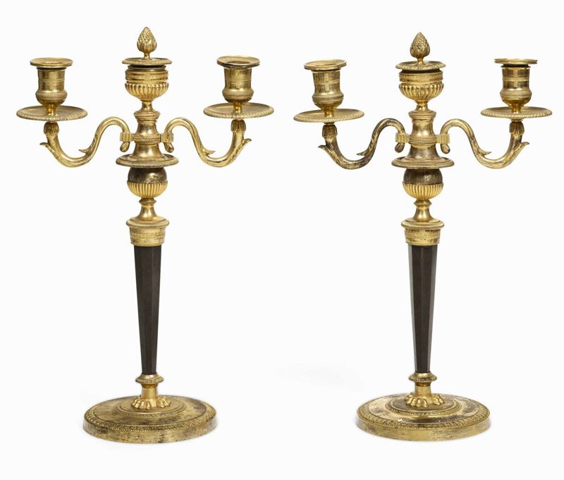 Coppia di doppieri in bronzo dorato e brunito, inizio XIX secolo  - Auction Italian Mansions - Cambi Casa d'Aste