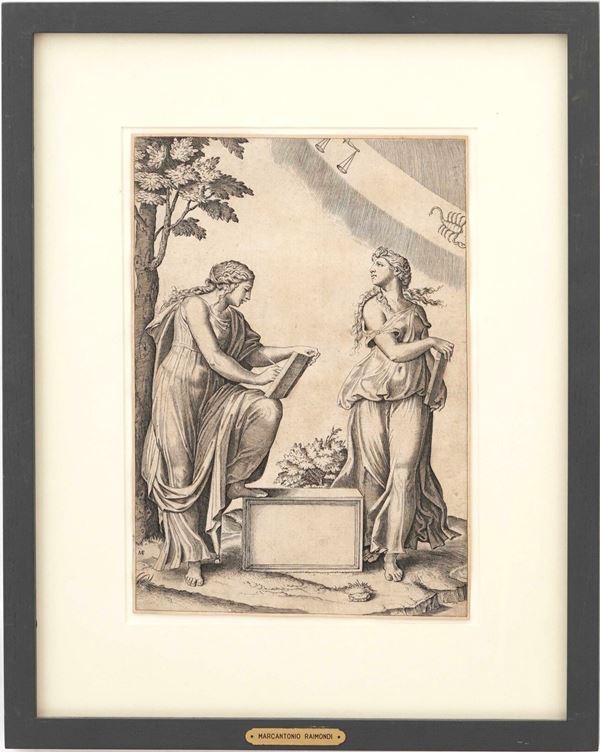 Raimondi, Marcantonio (1480- 1534) Due figure femminili con i segni zodiacali della bilancia e dello scorpione, 1517-1520